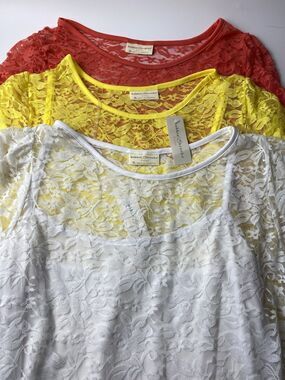 Lot Of 3 Vintage Colorful Bobbie Brooks Lace Blouses XL Ruched Sleeve Fairy H24